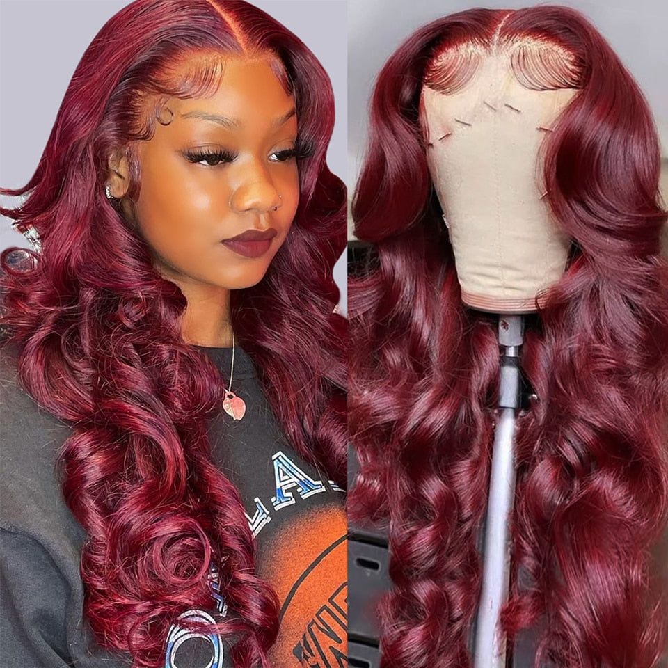 Burgundy Color #99j Human Hair Body Wave 13X4 Lace Front Wigs